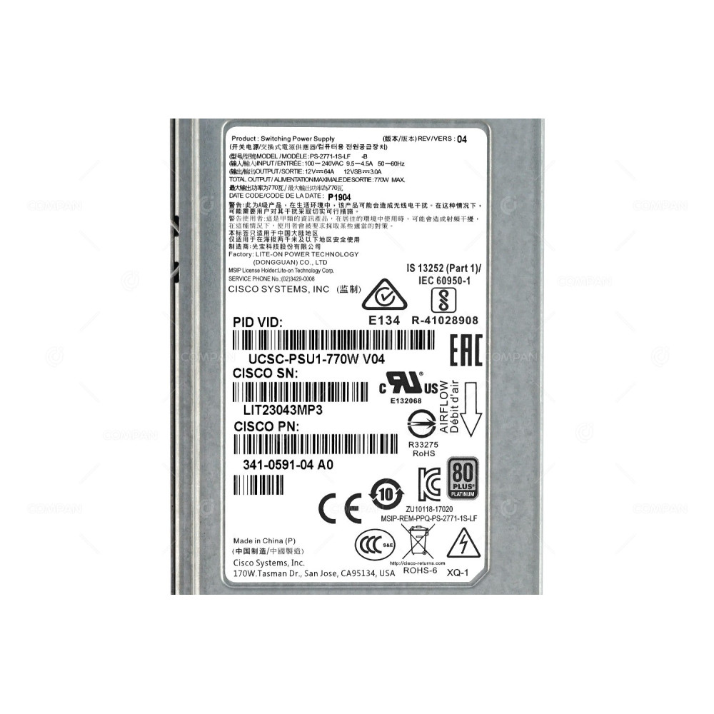 341-0591-04 CISCO 770W PSU 80+ PLATINUM HOT PLUG FOR UCS C220 230 240 M4